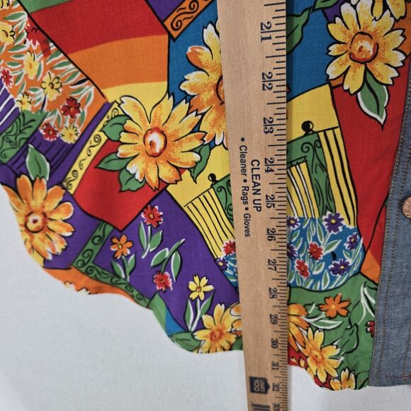 Vtg SK Wear Top Sz L Multi Mixed Print Mod Daisy Floral Denim Pockets Retro - Picture 12 of 13